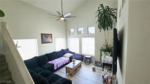 3871 Sir Bret Ct, Las Vegas, NV 89104 - living area with ceiling fan, wood finished floors, and high vaulted ceiling