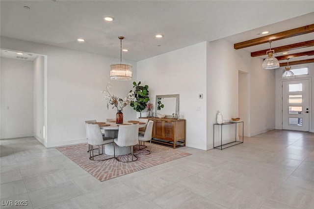 12199 Canyon Sunset St, Las Vegas, NV 89138 - dining room with beamed ceiling, baseboards, and recessed lighting