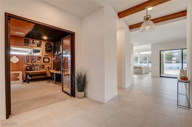 12199 Canyon Sunset St, Las Vegas, NV 89138 - corridor featuring beamed ceiling, tile patterned flooring, visible vents, carpet floors, and baseboards