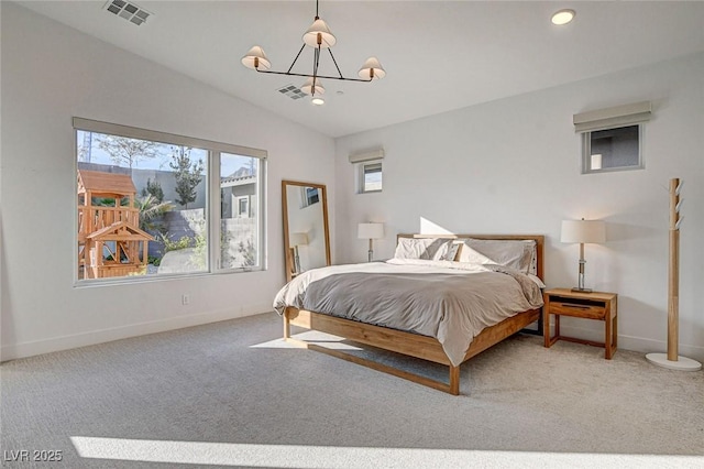 12199 Canyon Sunset St, Las Vegas, NV 89138 - bedroom featuring carpet floors, a chandelier, visible vents, and lofted ceiling