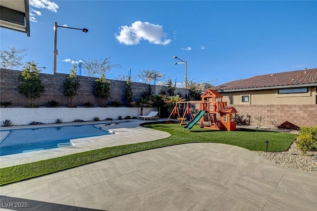 12199 Canyon Sunset St, Las Vegas, NV 89138 - exterior space featuring a fenced in pool, a patio area, a fenced backyard, and a playground