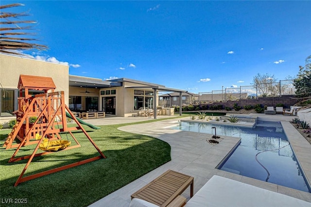 12199 Canyon Sunset St, Las Vegas, NV 89138 - pool with a patio area, fence, a lawn, and playground community