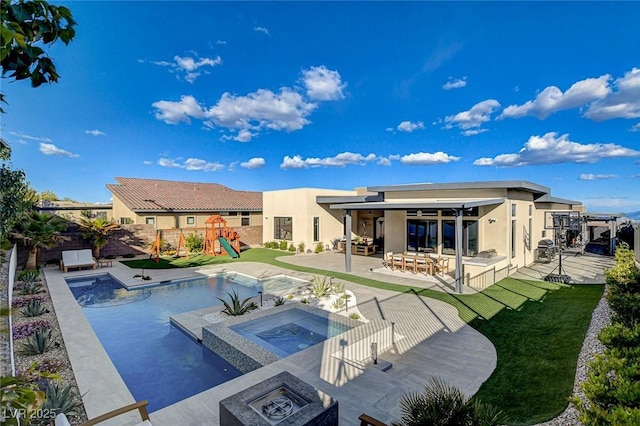 12199 Canyon Sunset St, Las Vegas, NV 89138 - back of house with a patio area, a fenced backyard, a playground, an in ground hot tub, and a fenced in pool