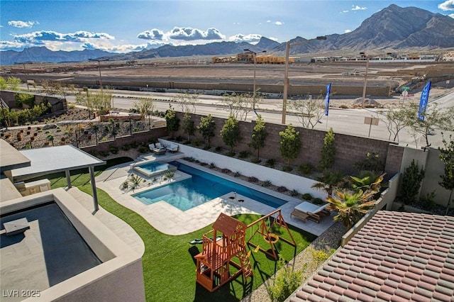 12199 Canyon Sunset St, Las Vegas, NV 89138 - view of pool with a fenced in pool, a patio area, a fenced backyard, and a mountain view