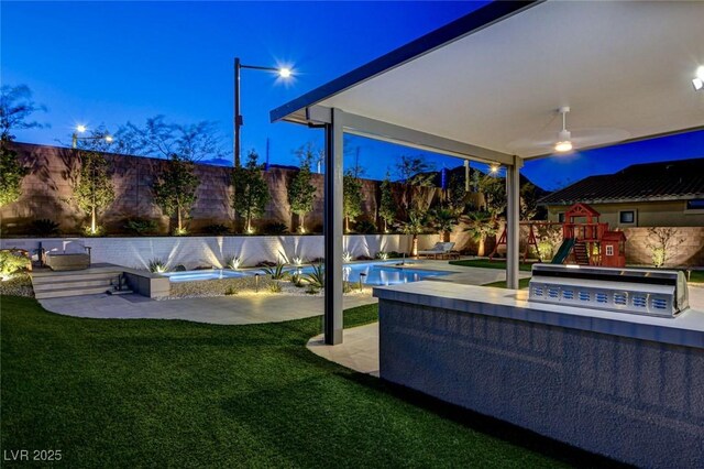 12199 Canyon Sunset St, Las Vegas, NV 89138 - exterior space featuring ceiling fan, a fenced backyard, grilling area, a playground, and a fenced in pool