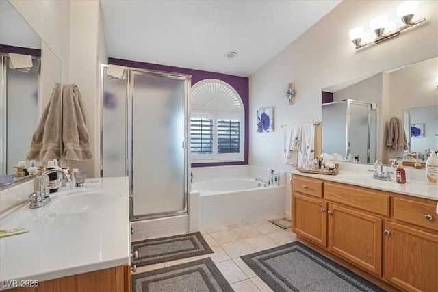 1066 Vanlier Ln, Henderson, NV 89015 - bathroom with a shower stall, a garden tub, tile patterned floors, and two vanities