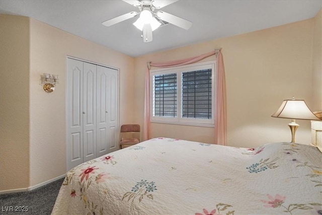 1066 Vanlier Ln, Henderson, NV 89015 - bedroom featuring carpet, baseboards, a closet, and ceiling fan