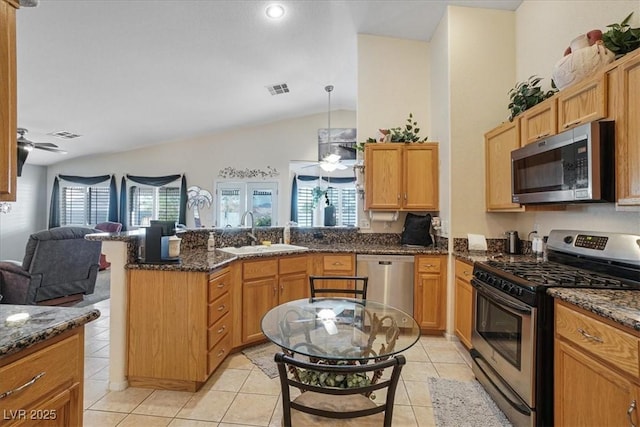 1066 Vanlier Ln, Henderson, NV 89015 - kitchen featuring stainless steel appliances, a sink, ceiling fan, open floor plan, and vaulted ceiling