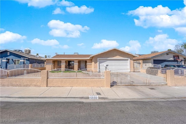 5530 Berchmans Ave, Las Vegas, NV 89122 - ranch-style home with a garage, a fenced front yard, concrete driveway, and stucco siding