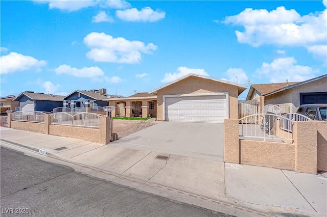 5530 Berchmans Ave, Las Vegas, NV 89122 - ranch-style house featuring a garage, a residential view, concrete driveway, and a fenced front yard