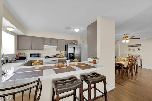 5530 Berchmans Ave, Las Vegas, NV 89122 - kitchen featuring tile counters, gray cabinets, appliances with stainless steel finishes, a peninsula, and under cabinet range hood