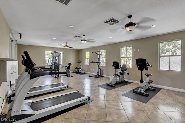 gym featuring ceiling fan, recessed lighting, light tile patterned floors, and baseboards