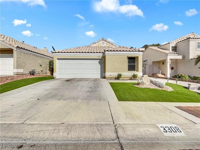 view of front facade featuring stucco siding, driveway, a front yard, a tile roof, and a garage
