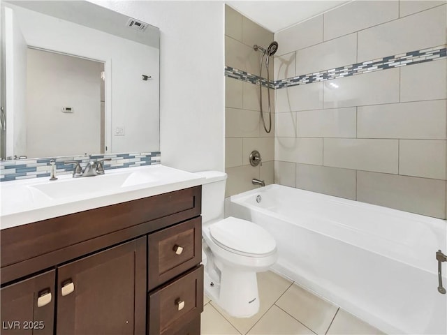 bathroom with vanity, tile patterned flooring, visible vents, toilet, and backsplash