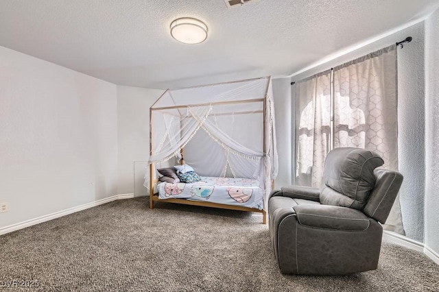sitting room with carpet floors, baseboards, and a textured ceiling