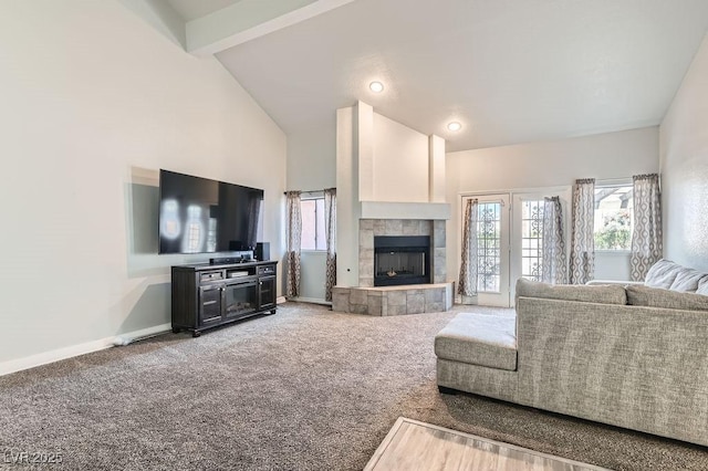 carpeted living room featuring a healthy amount of sunlight, a fireplace, and baseboards