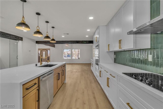 kitchen featuring light wood-style floors, wall chimney exhaust hood, appliances with stainless steel finishes, a sink, and backsplash