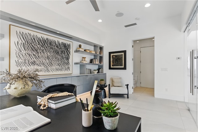 667 Palisade Rim Dr, Henderson, NV 89012 - office featuring a ceiling fan, recessed lighting, built in shelves, and light tile patterned floors
