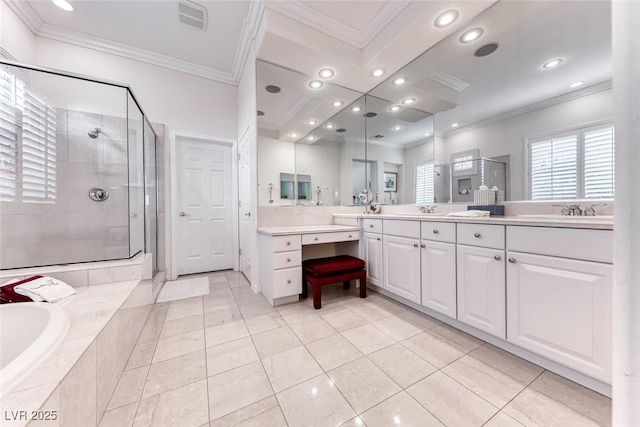 bathroom featuring a garden tub, vanity, ornamental molding, tile patterned flooring, and a stall shower