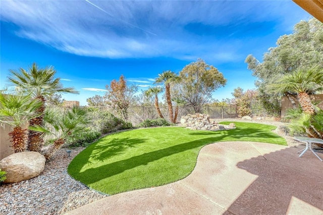 view of yard featuring a patio area and a fenced backyard