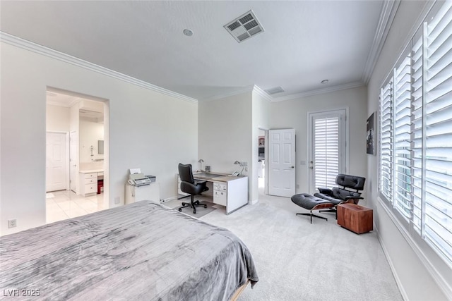 bedroom with light carpet, baseboards, ornamental molding, and visible vents