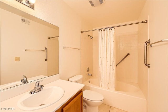 bathroom featuring shower / bath combo, visible vents, tile patterned floors, and toilet