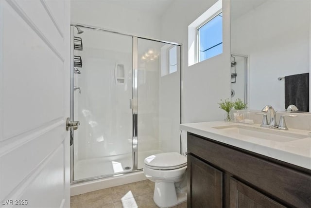 full bath featuring toilet, a shower stall, and vanity