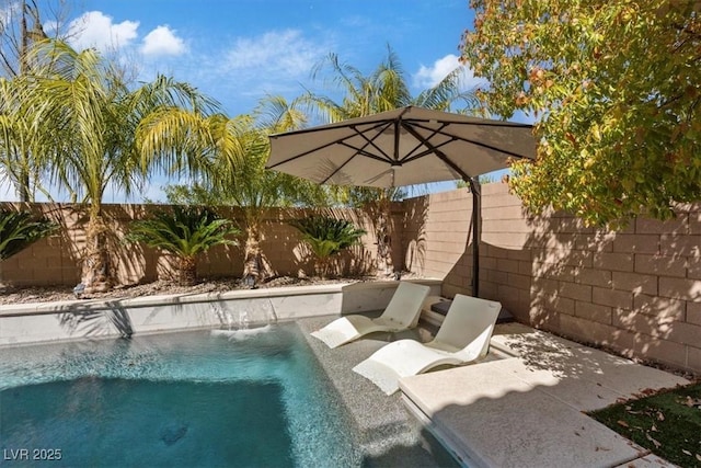 view of swimming pool featuring a patio, a fenced backyard, and a fenced in pool