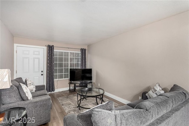 living room with baseboards and wood finished floors