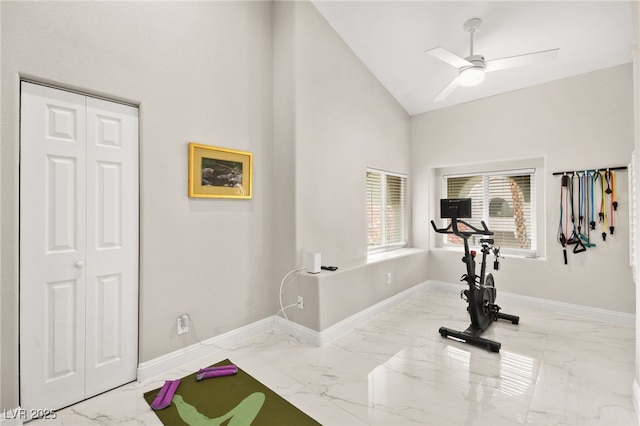 2608 Sun Reef Rd, Las Vegas, NV 89128 - exercise area with high vaulted ceiling, marble finish floor, baseboards, and ceiling fan