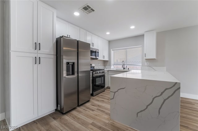 kitchen with a peninsula, light wood-type flooring, white cabinetry, visible vents, and stainless steel appliances