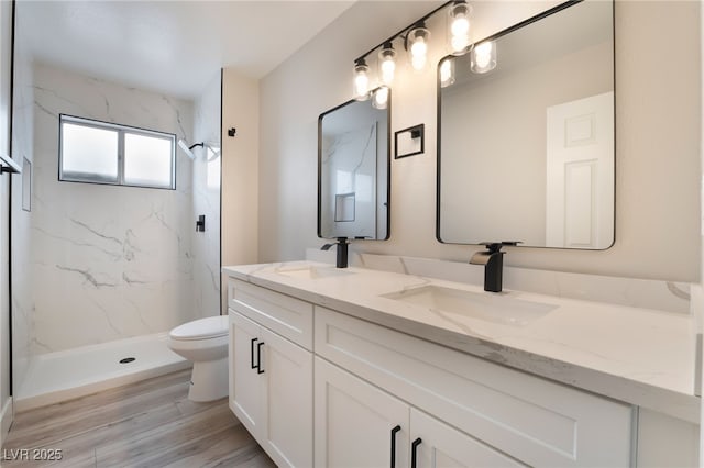 full bath with double vanity, a marble finish shower, a sink, and toilet