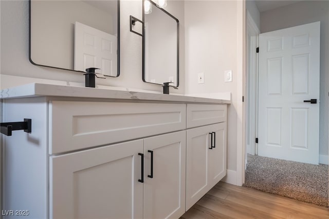 bathroom featuring wood finished floors, double vanity, and a sink