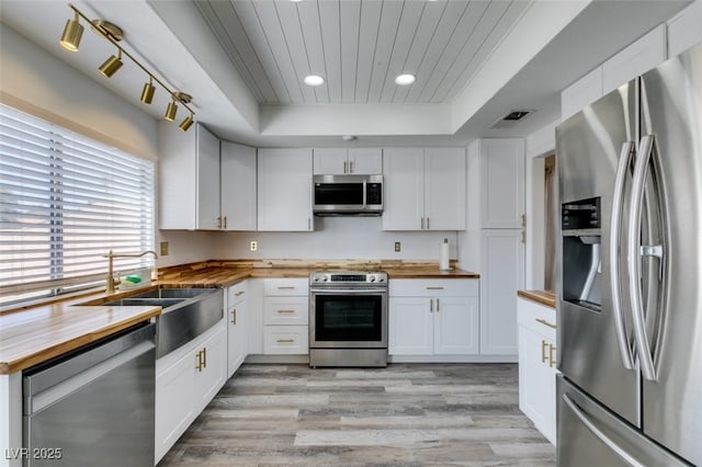 kitchen with visible vents, a sink, appliances with stainless steel finishes, a tray ceiling, and wood counters