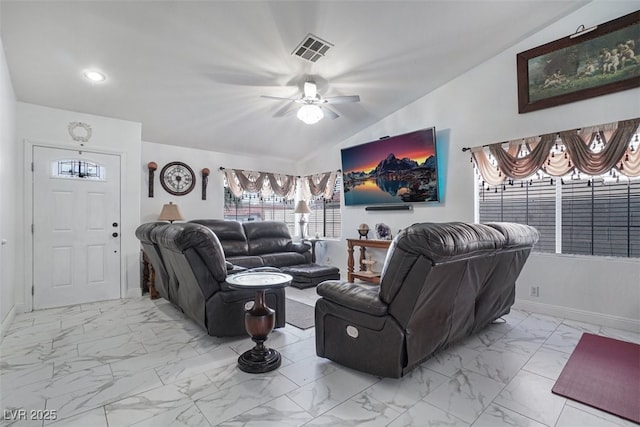 182 Horizon View Dr, Henderson, NV 89015 - living room featuring marble finish floor, baseboards, a ceiling fan, and visible vents
