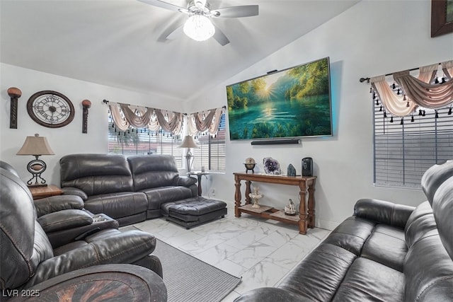 182 Horizon View Dr, Henderson, NV 89015 - living area with vaulted ceiling, marble finish floor, and ceiling fan