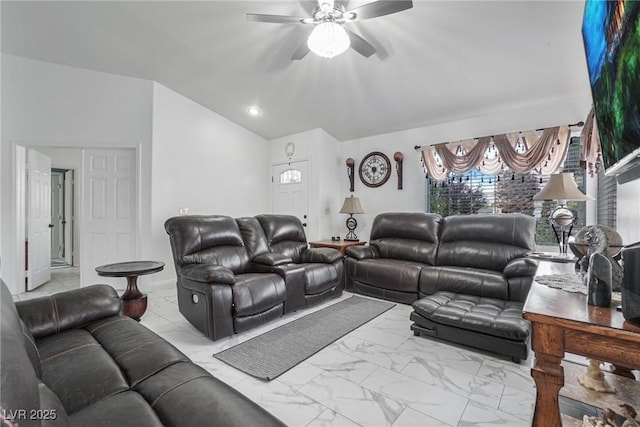 182 Horizon View Dr, Henderson, NV 89015 - living area featuring marble finish floor, lofted ceiling, ceiling fan, and recessed lighting