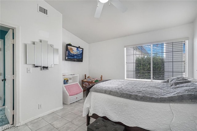 182 Horizon View Dr, Henderson, NV 89015 - bedroom with lofted ceiling, baseboards, light tile patterned floors, ceiling fan, and visible vents