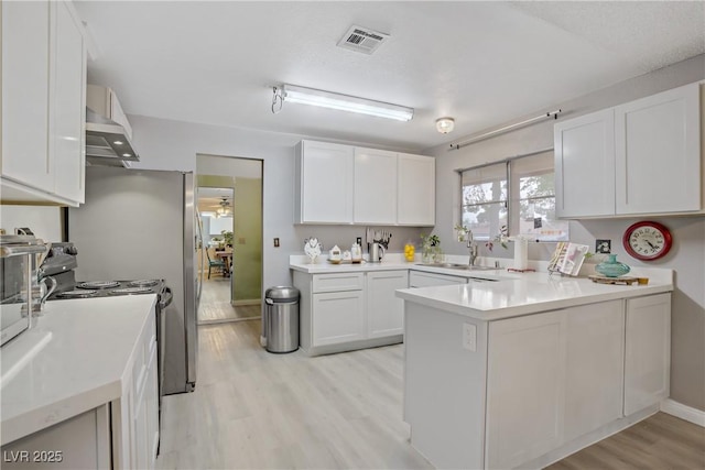 3100 Garehime St, Las Vegas, NV 89108 - kitchen featuring electric range, a sink, light countertops, a peninsula, and white cabinetry