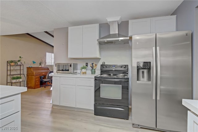 3100 Garehime St, Las Vegas, NV 89108 - kitchen featuring stainless steel fridge with ice dispenser, black / electric stove, wall chimney exhaust hood, light countertops, and light wood finished floors