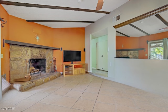 3100 Garehime St, Las Vegas, NV 89108 - unfurnished living room with a stone fireplace and tile patterned floors
