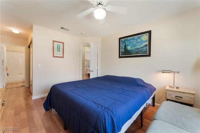 7945 Delbonita Ave, Las Vegas, NV 89147 - bedroom featuring visible vents, baseboards, light wood finished floors, and a ceiling fan