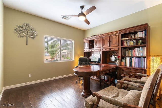office area featuring hardwood / wood-style flooring, visible vents, a ceiling fan, and baseboards