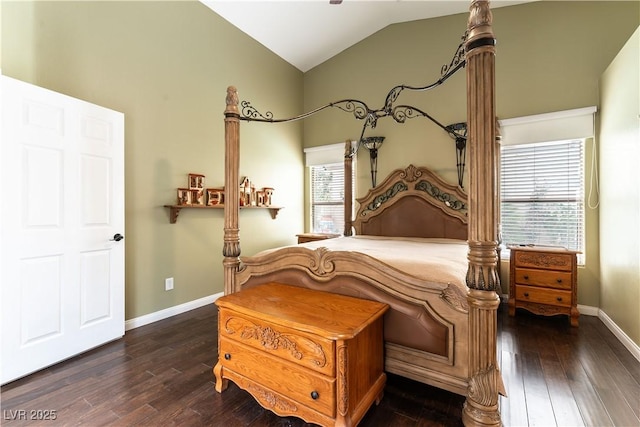 bedroom with vaulted ceiling, baseboards, and dark wood-style floors