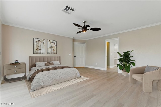 2445 Antler Point Dr, Henderson, NV 89074 - bedroom featuring crown molding, light wood-type flooring, and a ceiling fan
