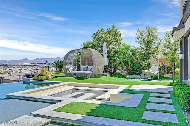 10 Olympia Outlook Dr, Las Vegas, NV 89141 - view of pool with an outdoor living space, a patio area, and a mountain view