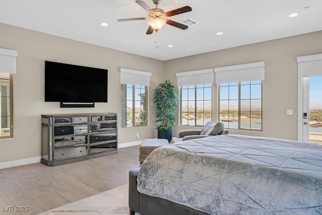 10 Olympia Outlook Dr, Las Vegas, NV 89141 - bedroom with recessed lighting, wood finished floors, visible vents, a ceiling fan, and baseboards