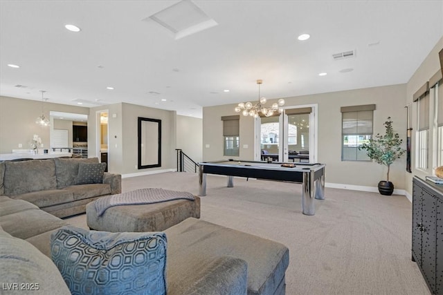 10 Olympia Outlook Dr, Las Vegas, NV 89141 - game room featuring light carpet, baseboards, visible vents, recessed lighting, and billiards