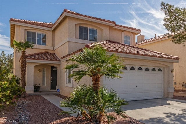 10103 Flagstaff Butte Ave, Las Vegas, NV 89148 - mediterranean / spanish house featuring an attached garage, driveway, stucco siding, and a tile roof