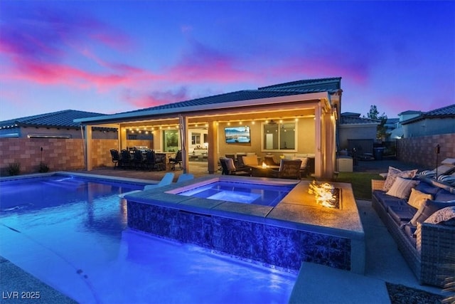 1225 Olivia Pkwy, Henderson, NV 89011 - view of swimming pool with a fenced in pool, outdoor dining space, an outdoor living space, an in ground hot tub, and fence